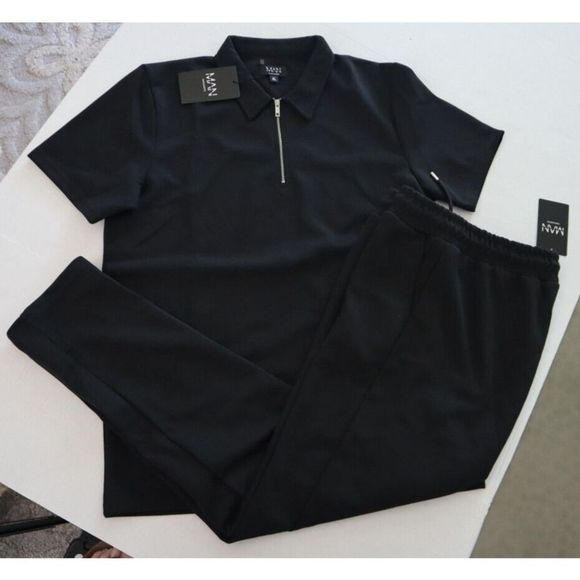 boohooMAN BMM12776 Men Sz XL Black Muscle Fit 1/4 Zip Polo & Joggers 2 Pc ￼Set - Picture 1 of 16